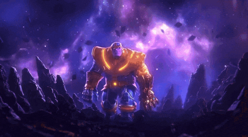 thanos is standing in the middle of a purple and blue galaxy