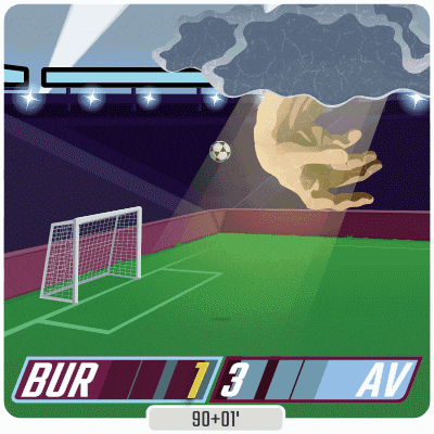 an illustration of a soccer game between bur and av with a score of 1 to 3