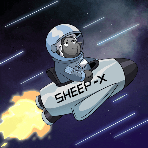 a cartoon of a sheep flying on a rocket with the words sheep-x written on it
