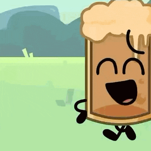 a cartoon drawing of a beer mug with a face and arms