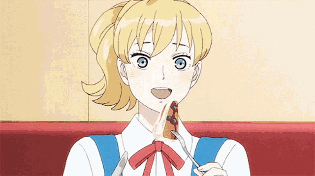 a girl with blonde hair and blue eyes is eating a piece of food with a fork
