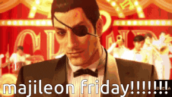 a man in a suit and bow tie with an eye patch and the words majileon friday