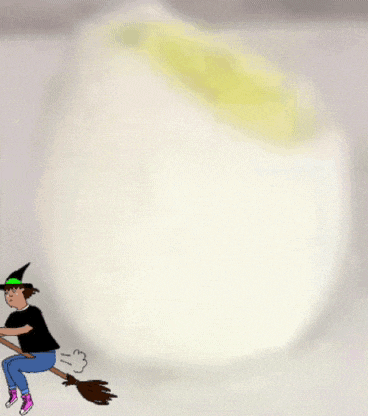 a cartoon of a witch flying on a broom in front of a white object