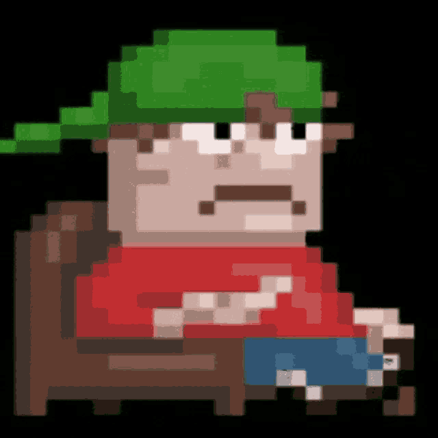 a pixel art of a man wearing a green hat and a red shirt