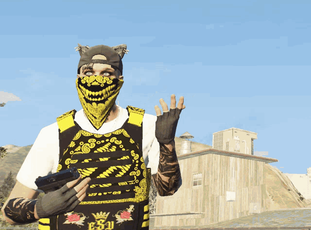 a man wearing a yellow bandana holds a gun in front of a building that says esu