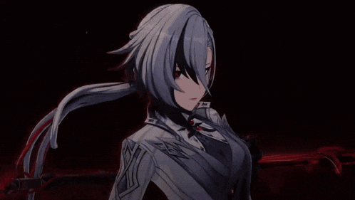 a girl with white hair and red eyes is holding a sword in a video game .