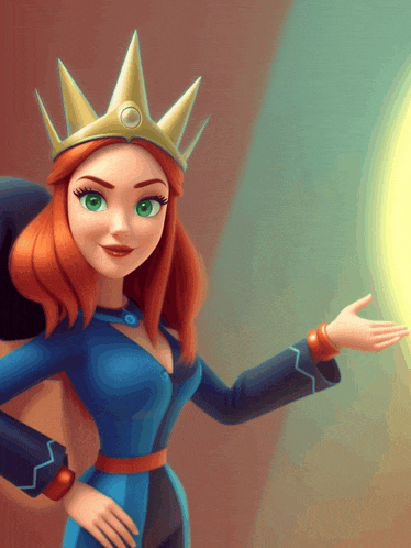a woman with red hair and green eyes wearing a crown