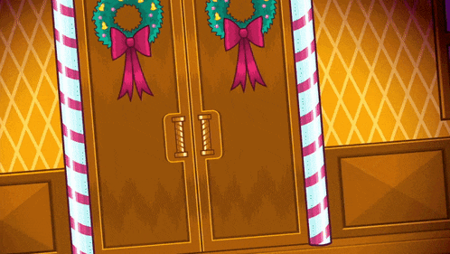 a cartoon illustration of a door with candy canes and christmas wreaths on it