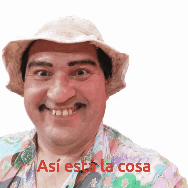 a man wearing a hat and a colorful shirt with the words " así esta la cosa " on the bottom