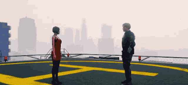 a man and a woman are standing next to each other on a helipad in a video game .