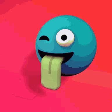 a blue smiley face is sticking out its tongue and licking a green object
