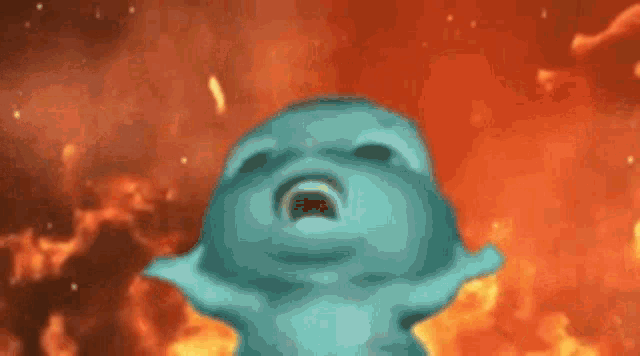 a cartoon character is standing in front of a fire and screaming .