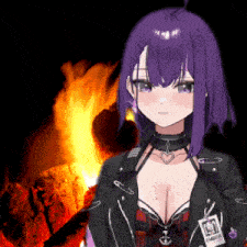a girl with purple hair and a badge that says ember