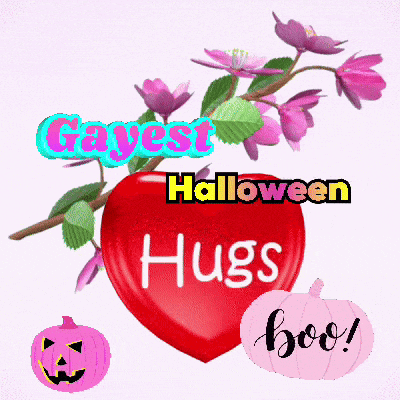 a red heart with the words " gayest halloween hugs " written on it