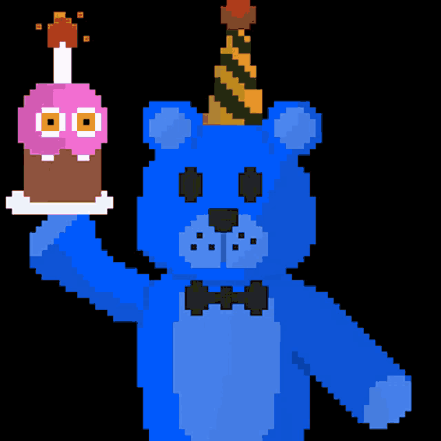 a pixel art of a blue teddy bear holding a cake