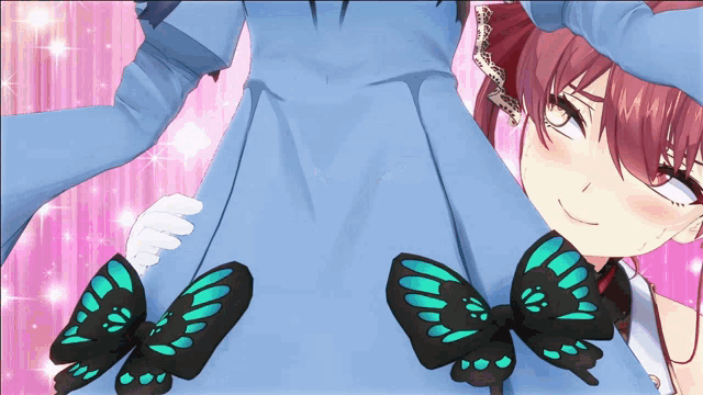 a girl in a blue dress has a pair of butterflies on her sleeves