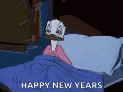 a cartoon of donald duck laying in a bed with the words `` happy new years '' written on the bottom .