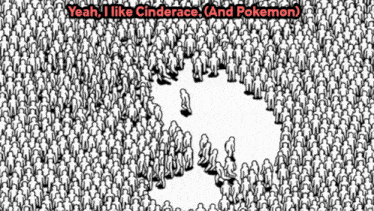 a black and white drawing of a crowd with the words yeah i like cinderace and pokemon
