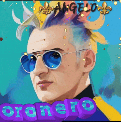 a painting of a man wearing sunglasses and a crown with the name angelo written above him