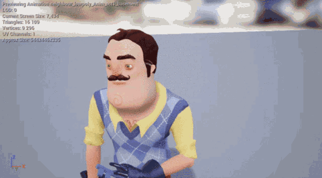 a cartoon character with a mustache is standing in front of a screen that says previewing animation neighbor
