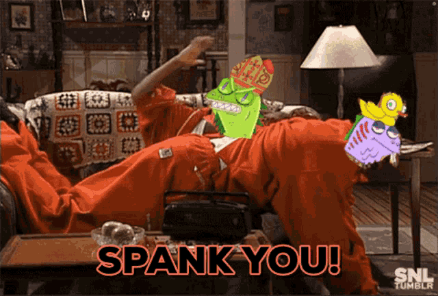 a cartoon of a man laying on a couch with the words spank you behind him