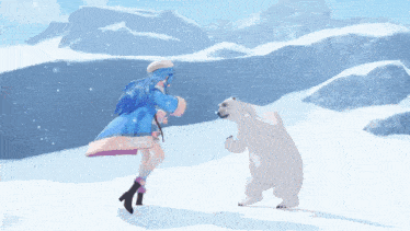 a girl with blue hair stands next to a polar bear