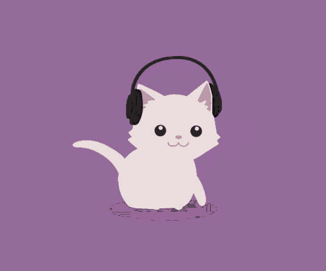 a white cat wearing headphones on its head on a purple background