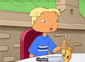 a cartoon of a boy sitting at a table with chopsticks and the words i know on the bottom right