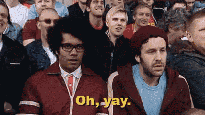 a group of people are sitting in a stadium watching a game and one of them is saying `` oh , yay `` .