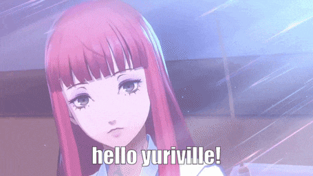 a pink haired anime girl says hello yuriville in front of a blue background