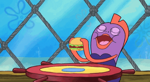 a cartoon of a fish eating a hamburger on a table