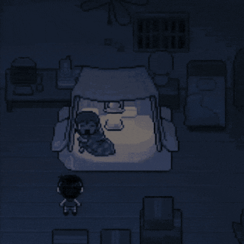 a pixel art of a person standing in front of a tent