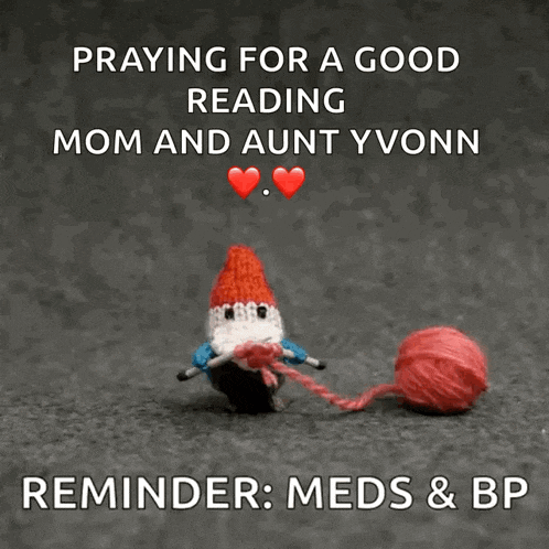 a picture of a gnome holding a ball of yarn with the words praying for a good reading mom and aunt yvonne