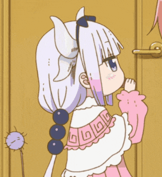 a cartoon girl with horns is standing in front of a door looking at it