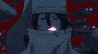a close up of a person 's face in a purple background