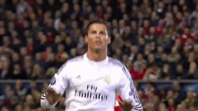 a soccer player wearing a fly emirates jersey is celebrating a goal .