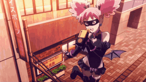 a cartoon of a girl in a mask holding a microphone