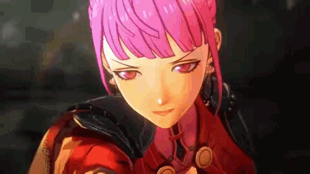 a close up of a pink haired anime girl in a red suit .