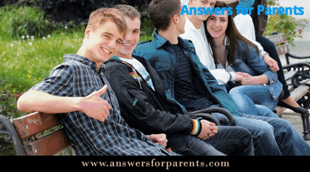 a group of young people are sitting on a bench with the words answers for parents written below them