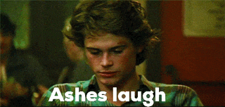 a man is smiling with the words " ashes laugh " behind him