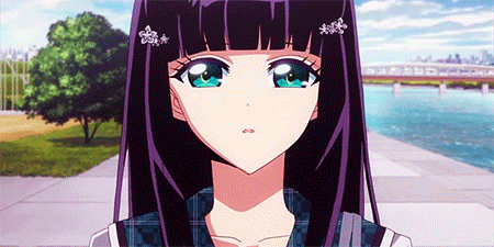 a girl with purple hair and blue eyes stands in front of a body of water