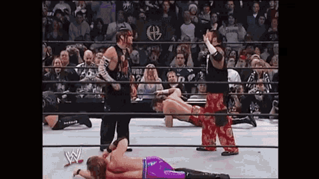 a group of wrestlers are wrestling in a ring .