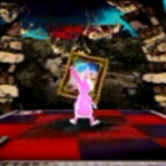 a pink rabbit is holding a picture frame in a painting
