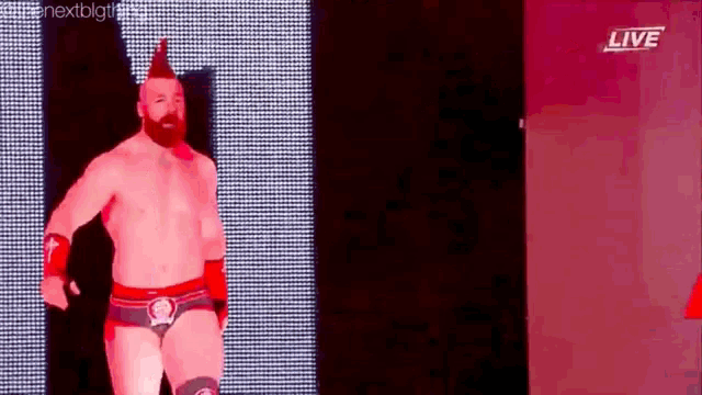 a bearded wrestler with a mohawk on his head is walking down a red aisle .