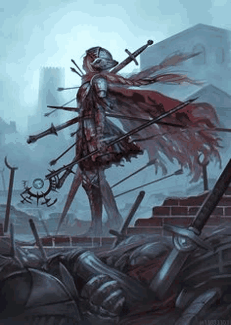 a knight in armor is holding a sword and a bow in a painting .