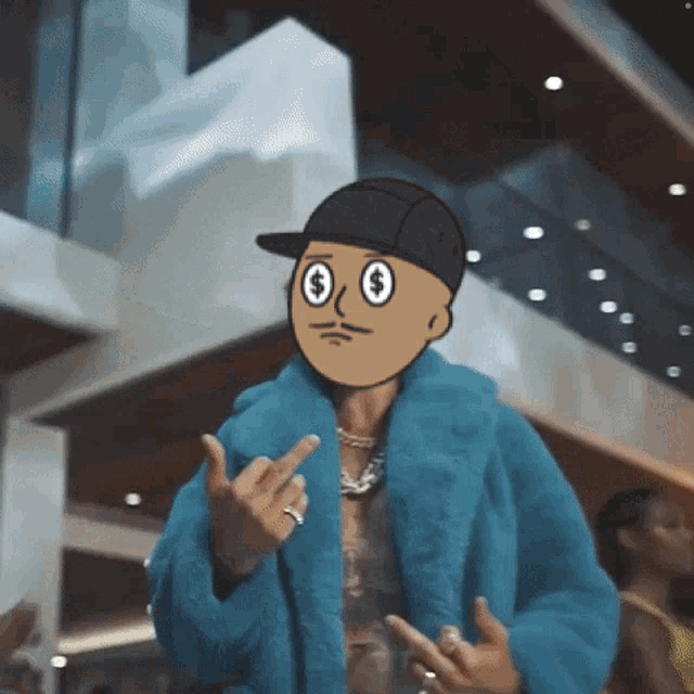 a cartoon of a man wearing a fur coat and a hat with dollar signs on his eyes giving the middle finger