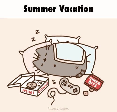 a cartoon of a cat sleeping on a pillow with a box of cheez bits in front of it