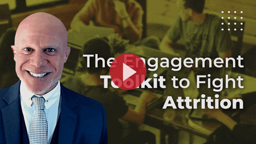 a man in a suit and tie is smiling in front of a video that says the engagement toolkit to fight attrition