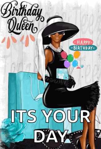 a birthday card with a woman in a black dress and hat holding balloons