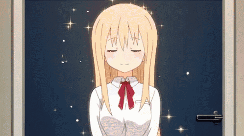 a blonde anime girl is standing in front of a door